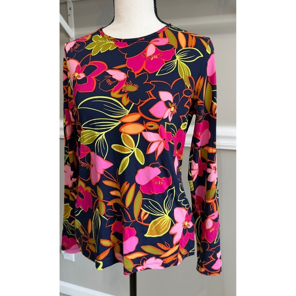 Lands End Navy Blue Pink Floral Long Sleeve Crewneck Jersey Top Womens M - Picture 1 of 4